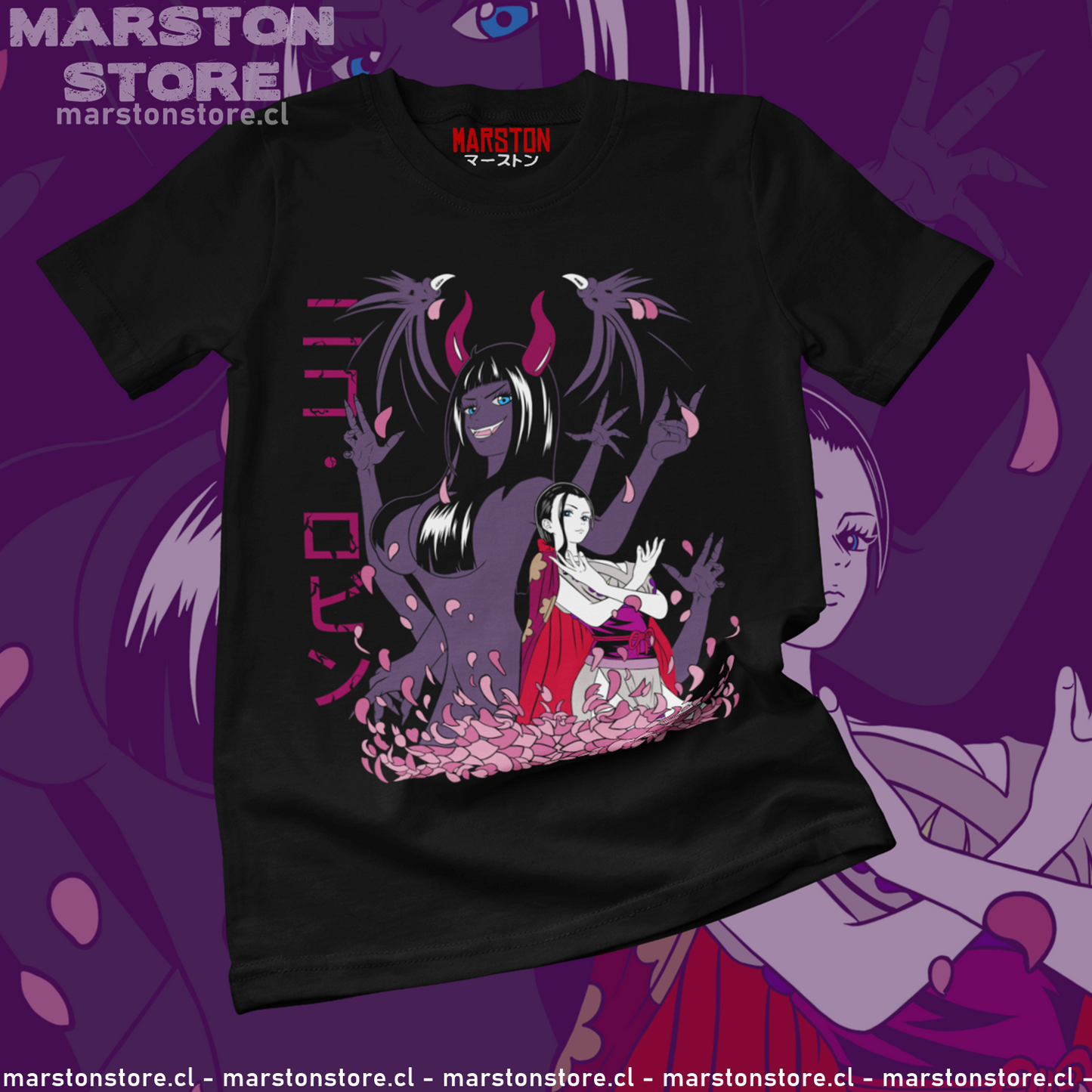 Polera negra One Piece con diseño de Nico Robin