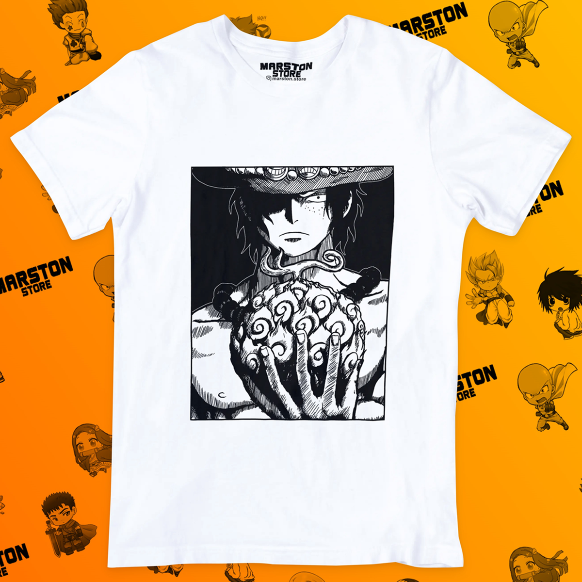 Polera blanca One Piece con diseño de Portgas D. Ace