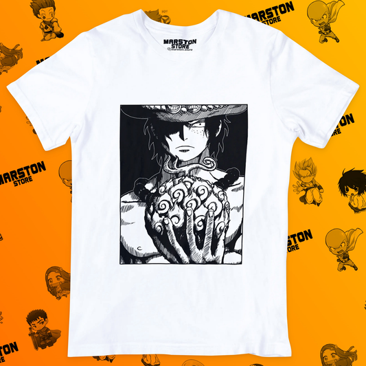 Polera blanca One Piece con diseño de Portgas D. Ace