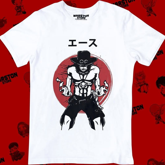 Polera blanca One Piece con diseño de Portgas D. Ace
