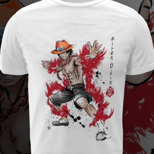Polera blanca One Piece con diseño de Portgas D. Ace