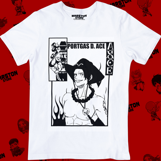 Polera blanca One Piece con diseño de Portgas D. Ace