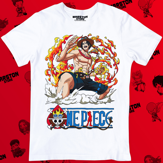 Polera blanca One Piece con diseño de Portgas D. Ace
