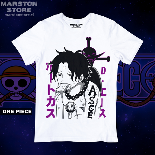 Polera blanca One Piece con diseño de Portgas D. Ace