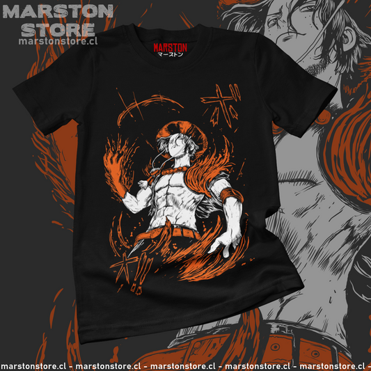 Polera negra One Piece con Portgas D. Ace en estilo de Boichi