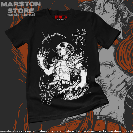 Polera negra One Piece con Portgas D. Ace en estilo de Boichi