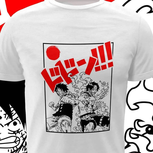Polera blanca One Piece con Portgas D. Ace y Monkey D. Luffy