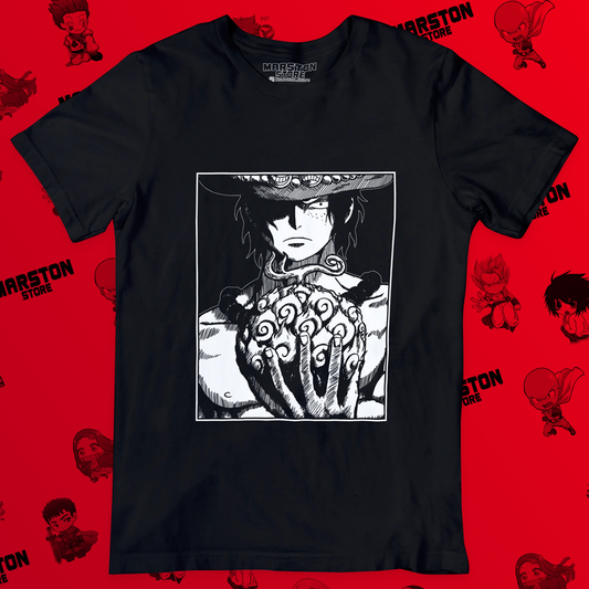 Polera negra One Piece con diseño de Portgas D. Ace