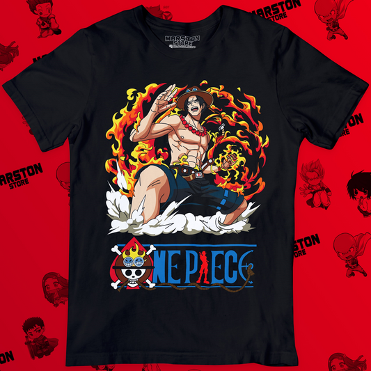Polera negra One Piece con diseño de Portgas D. Ace