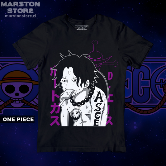 Polera negra One Piece con diseño de Portgas D. Ace