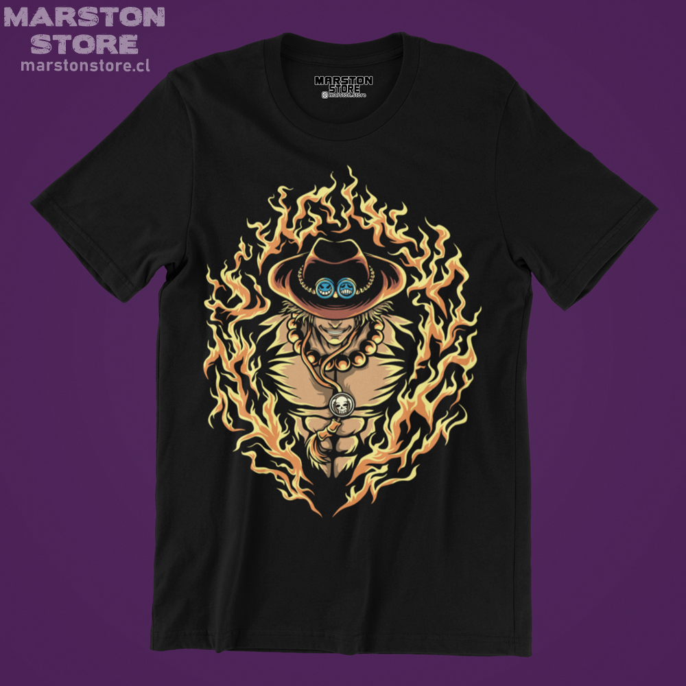 Polera negra One Piece con diseño de Portgas D. Ace