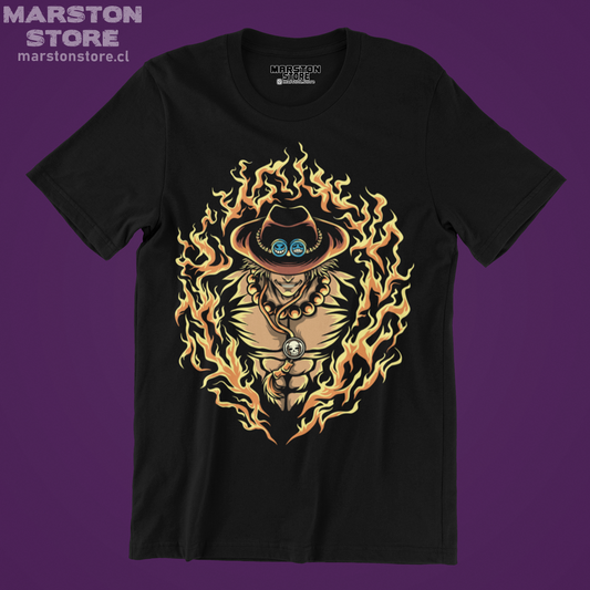 Polera negra One Piece con diseño de Portgas D. Ace