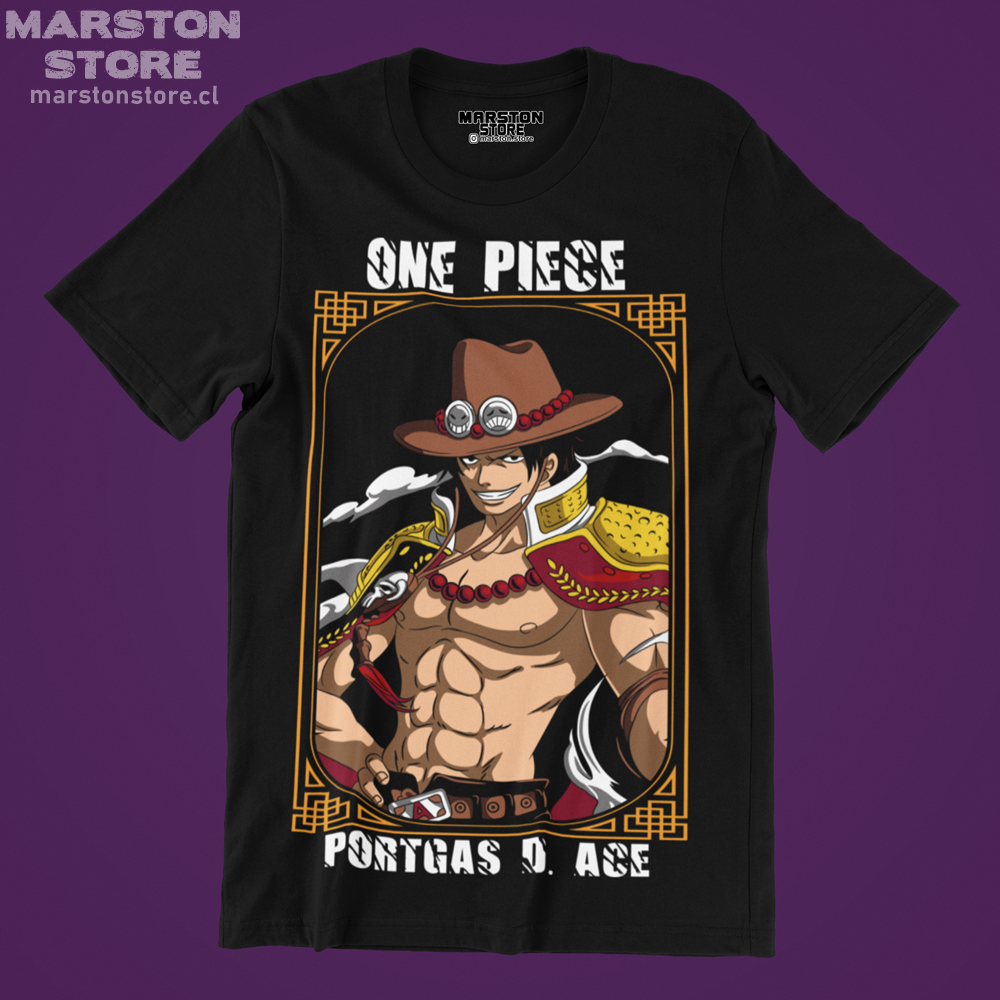 Polera negra One Piece con diseño de Portgas D. Ace