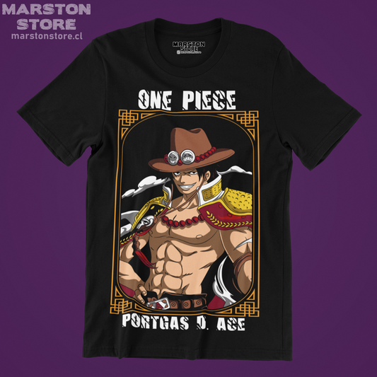Polera negra One Piece con diseño de Portgas D. Ace