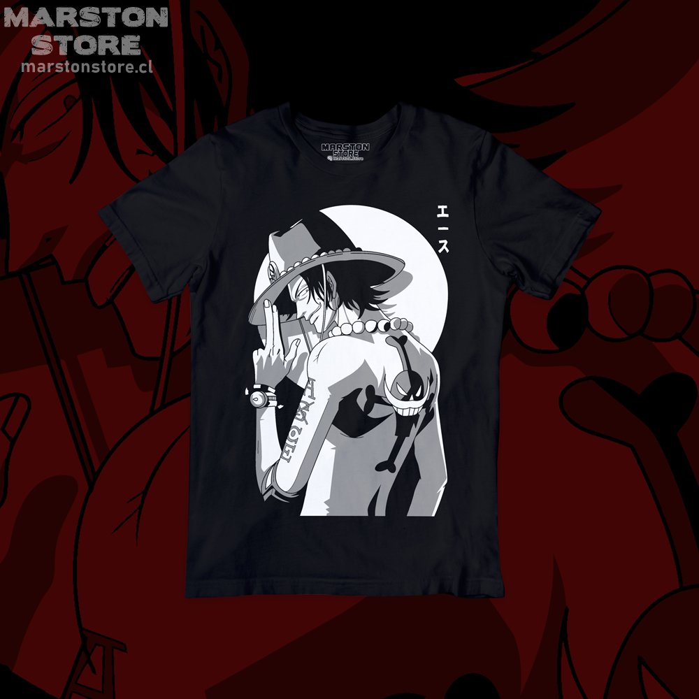 Polera negra One Piece con diseño de Portgas D. Ace
