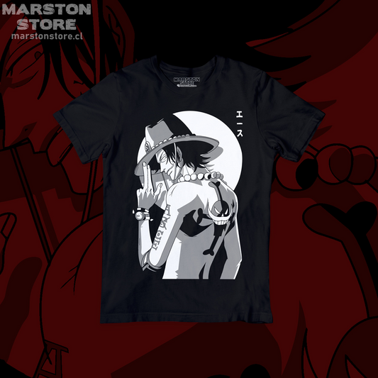 Polera negra One Piece con diseño de Portgas D. Ace
