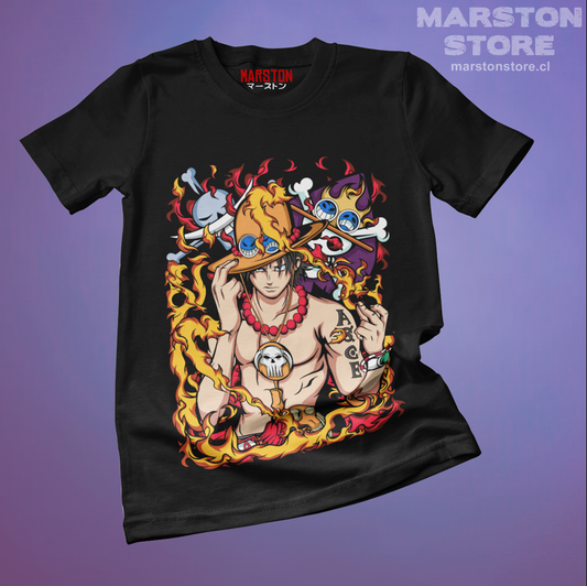 Polera negra One Piece con diseño de Portgas D. Ace