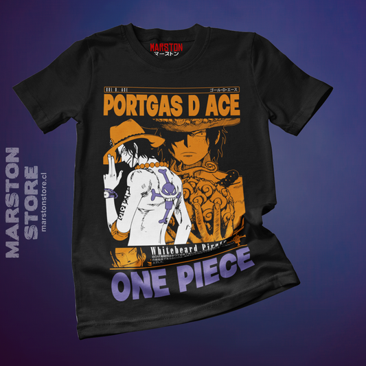 Polera negra One Piece con diseño de Portgas D. Ace