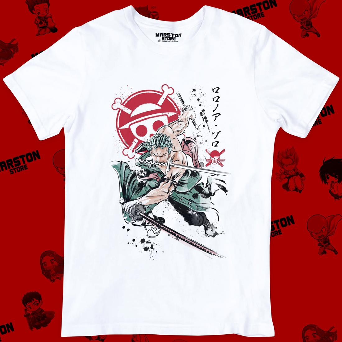 Polera blanca One Piece con diseño de Roronoa Zoro