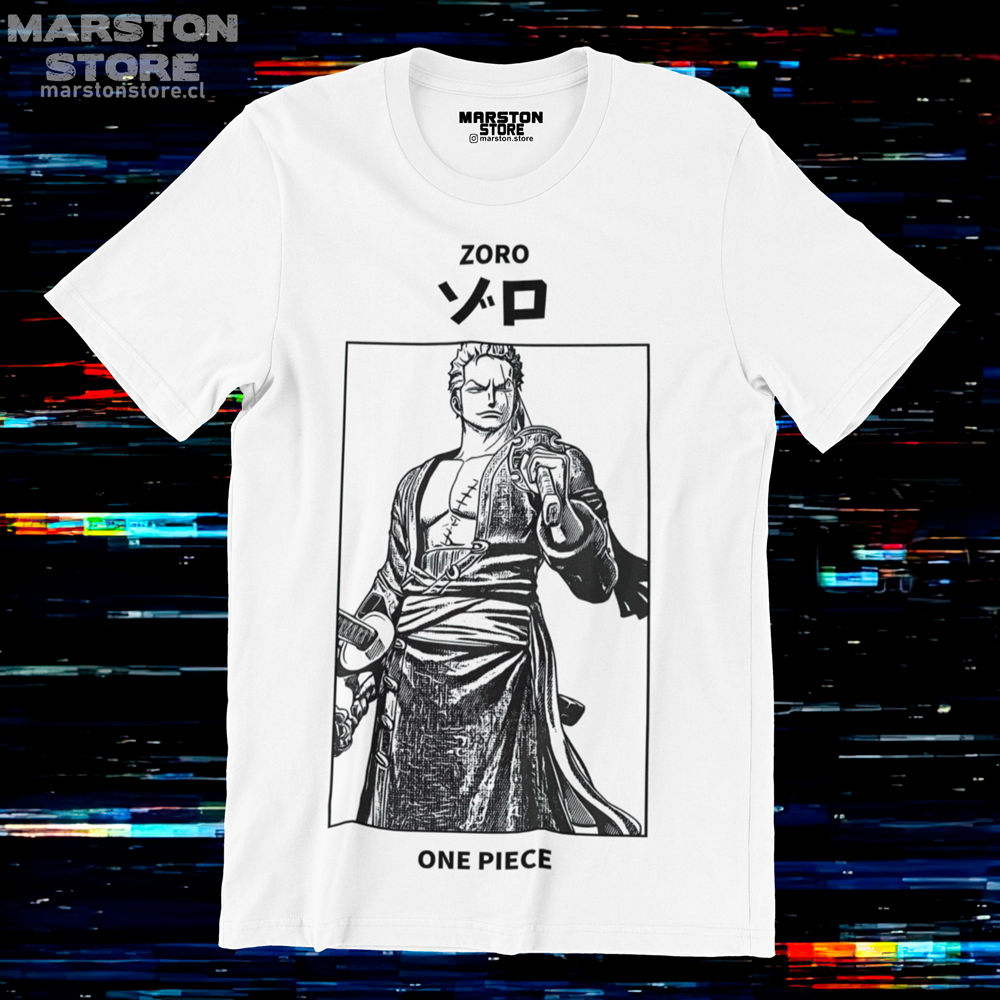Polera blanca One Piece con diseño de Roronoa Zoro