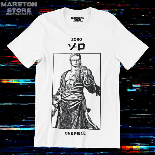 Polera blanca One Piece con diseño de Roronoa Zoro