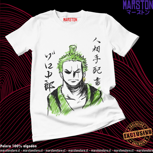 Polera blanca One Piece con diseño de Roronoa Zoro