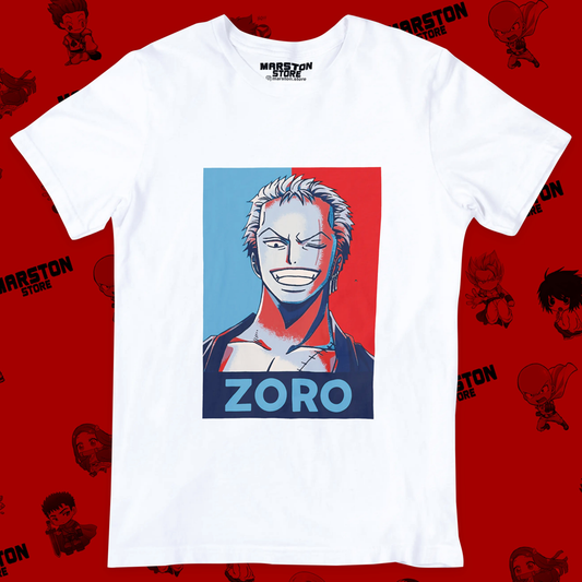 Polera blanca One Piece con diseño de Roronoa Zoro