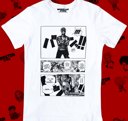 Polera blanca One Piece con diseño de Roronoa Zoro