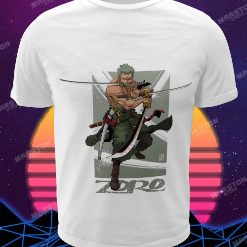 Polera blanca One Piece con diseño de Roronoa Zoro