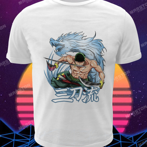 Polera blanca One Piece con diseño de Roronoa Zoro
