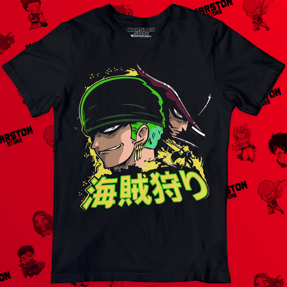 Polera negra One Piece con Roronoa Zoro y Dracule Mihawk
