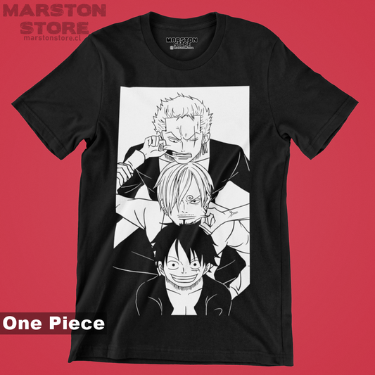 Polera negra One Piece con Roronoa Zoro, Monkey D. Luffy y Sanji
