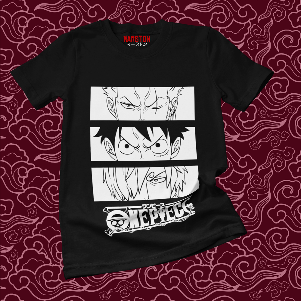 Polera negra One Piece con Roronoa Zoro, Monkey D. Luffy y Sanji
