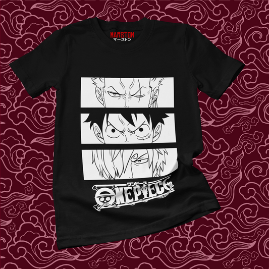 Polera negra One Piece con Roronoa Zoro, Monkey D. Luffy y Sanji