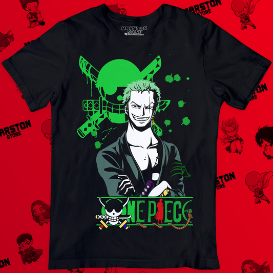 Polera negra One Piece con diseño de Roronoa Zoro