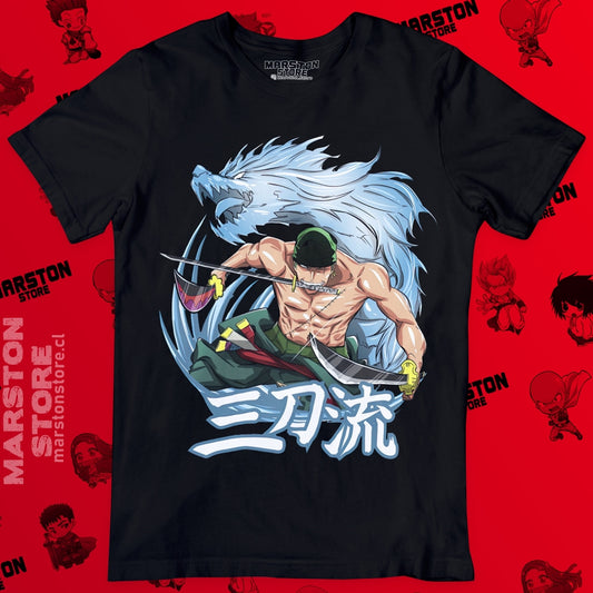 Polera negra One Piece con diseño de Roronoa Zoro