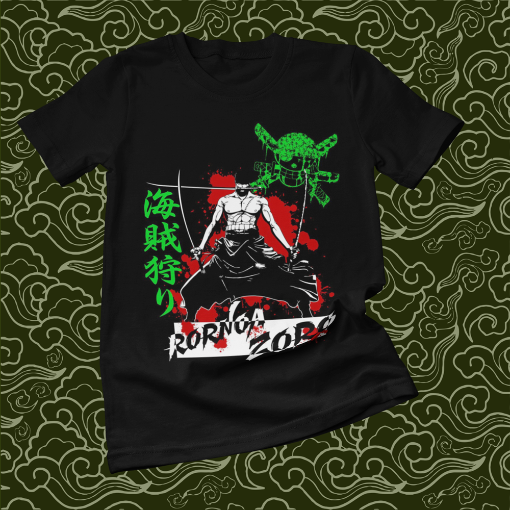 Polera negra One Piece con diseño de Roronoa Zoro