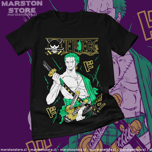 Polera negra One Piece con diseño de Roronoa Zoro