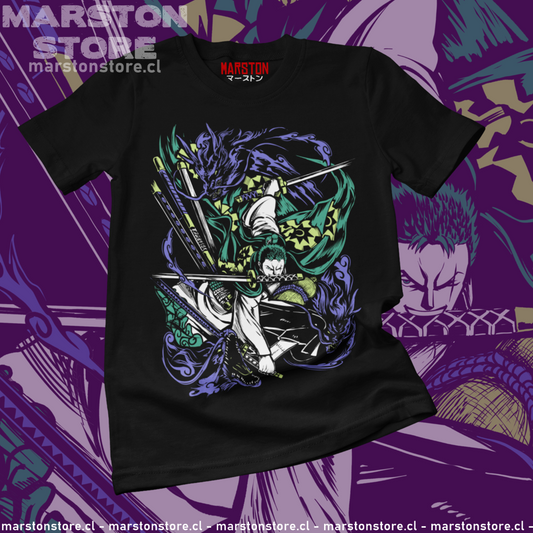 Polera negra One Piece con diseño de Roronoa Zoro