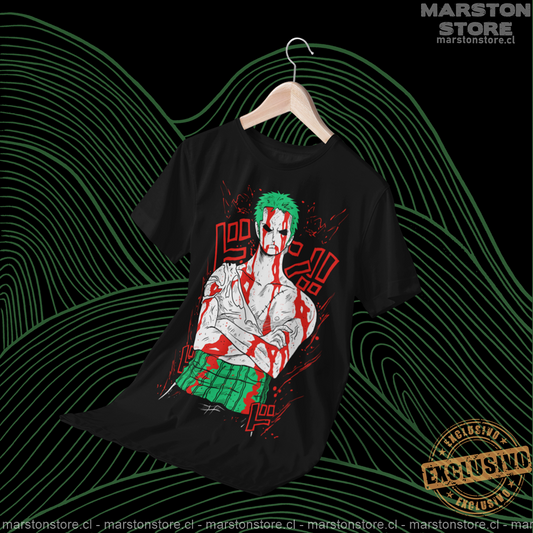 Polera negra One Piece con diseño de Roronoa Zoro