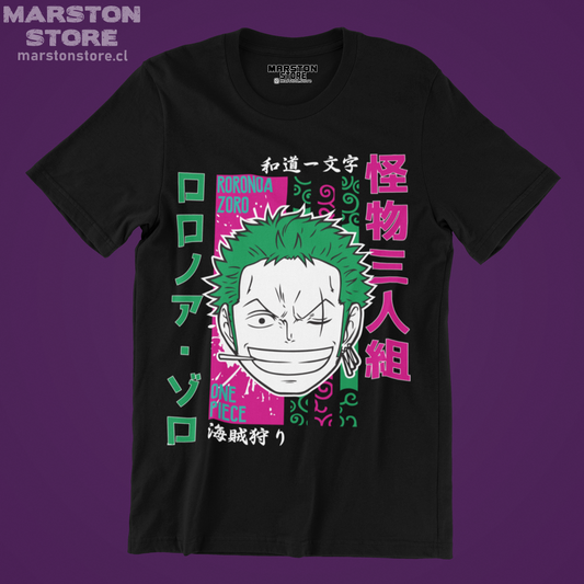 Polera negra One Piece con diseño de Roronoa Zoro