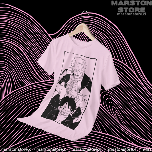 Polera rosada One Piece con Roronoa Zoro, Sanji y Monkey D. Luffy