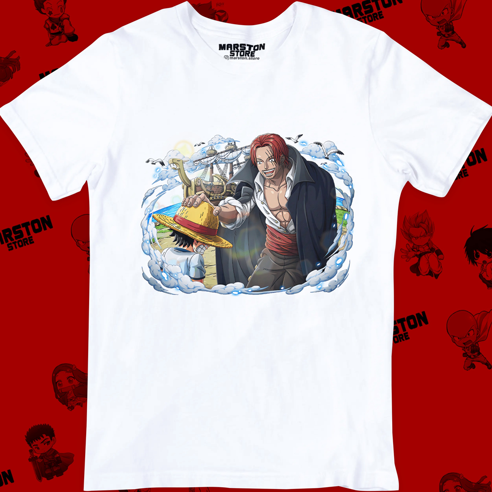 Polera blanca One Piece con Shanks y Monkey D. Luffy