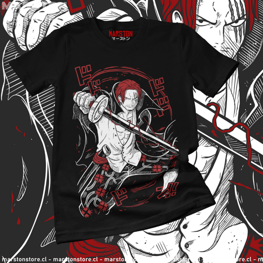 Polera negra One Piece con diseño de Shanks