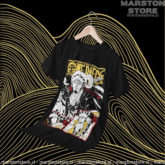 Polera negra One Piece con diseño de Trafalgar D. Water Law