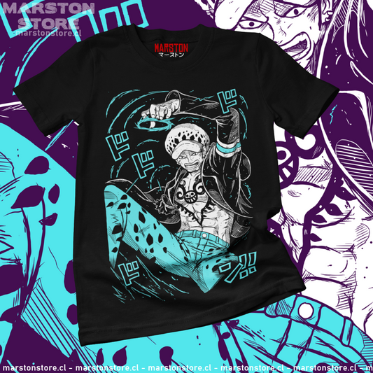 Polera negra One Piece con diseño de Trafalgar D. Water Law