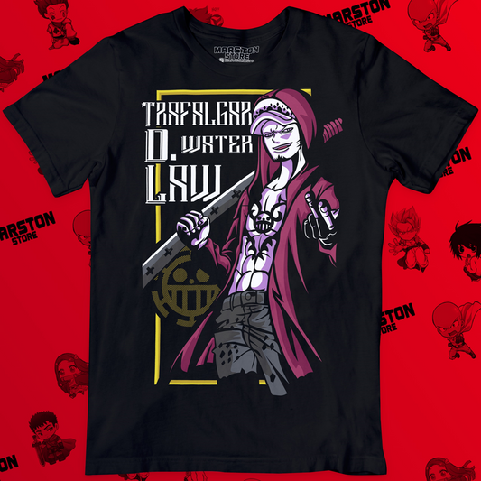 Polera negra One Piece con diseño de Trafalgar D. Water Law