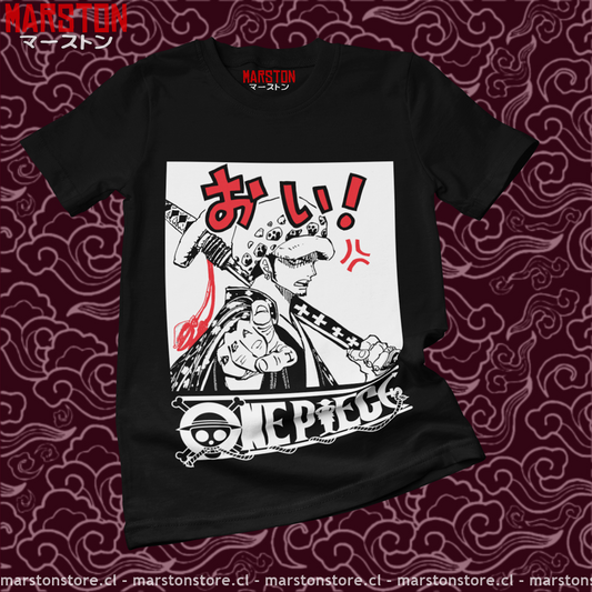 Polera negra One Piece con diseño de Trafalgar D. Water Law
