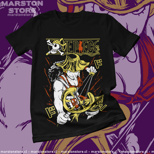 Polera negra One Piece con diseño de Usopp