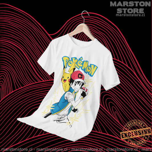 Polera blanca de Pokémon con Ash Ketchum y Pikachu